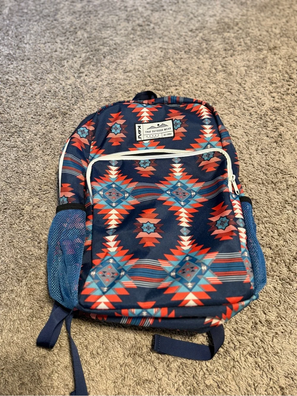 Kavu Navy Aztec Laptop Backpack with Red & Teal Accents